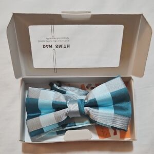 NEW Dan Smith Bow Tie in Gift Box Teal Silver Gray Checkered Microfiber Handmade